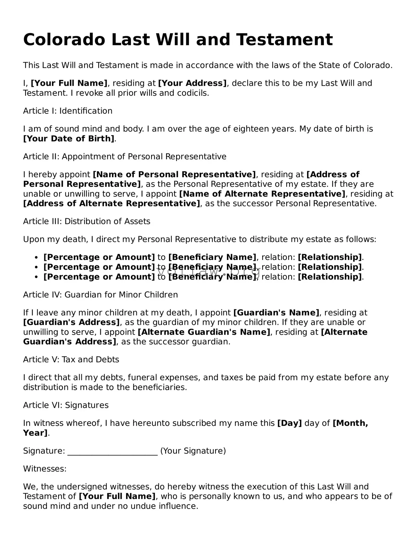 Attorney-Verified  Last Will and Testament Form for Colorado