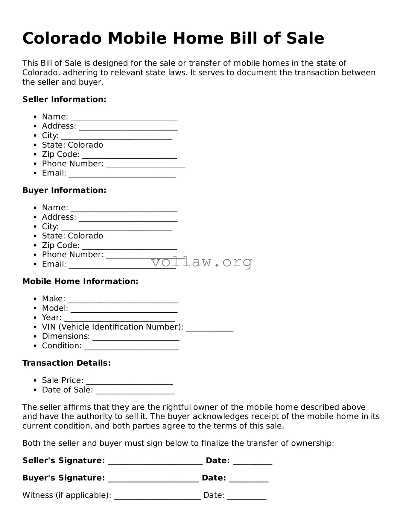 Attorney-Verified  Mobile Home Bill of Sale Form for Colorado