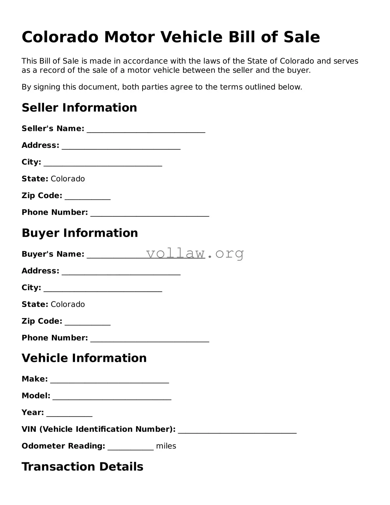 Attorney-Verified  Motor Vehicle Bill of Sale Form for Colorado