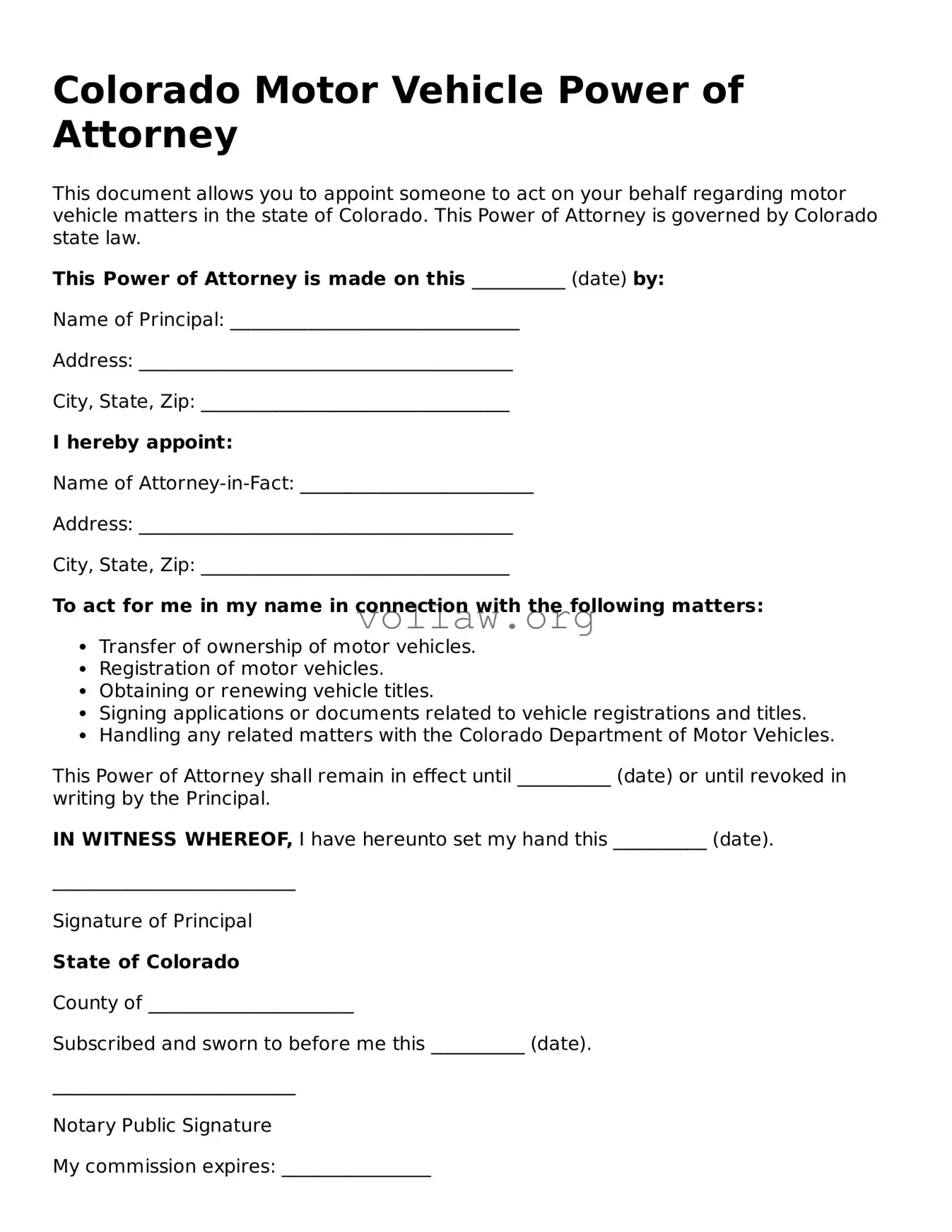 Attorney-Verified  Motor Vehicle Power of Attorney Form for Colorado
