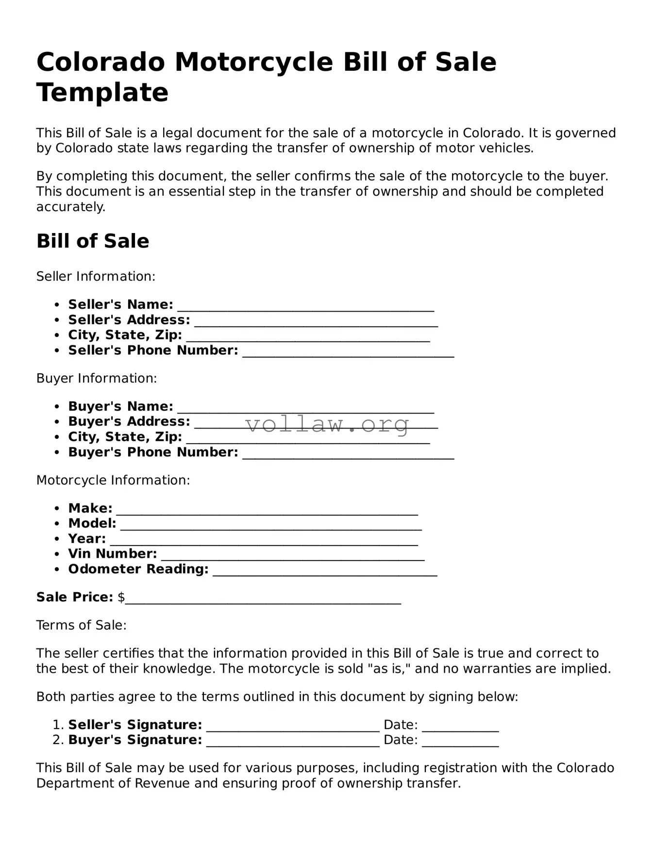 Attorney-Verified  Motorcycle Bill of Sale Form for Colorado