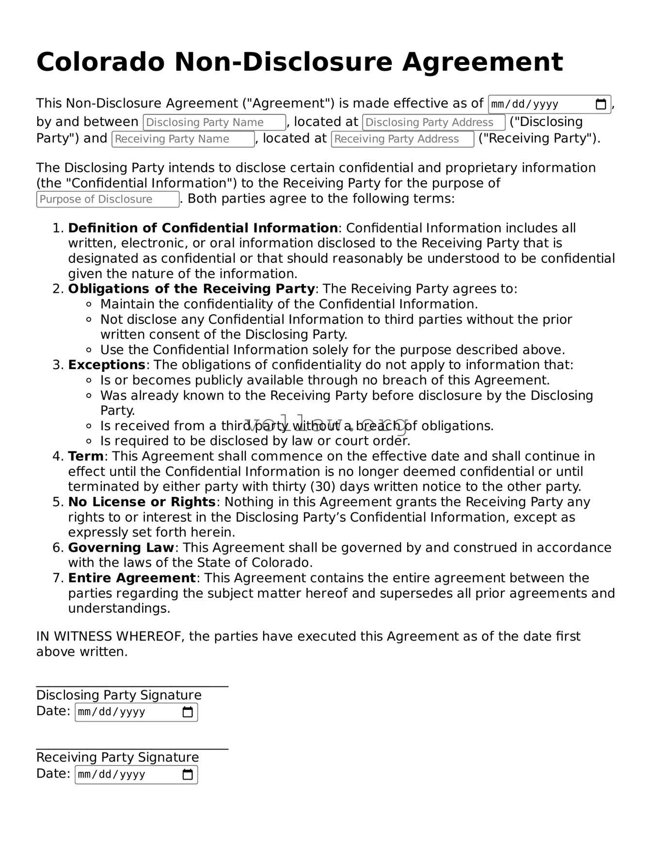 Attorney-Verified  Non-disclosure Agreement Form for Colorado