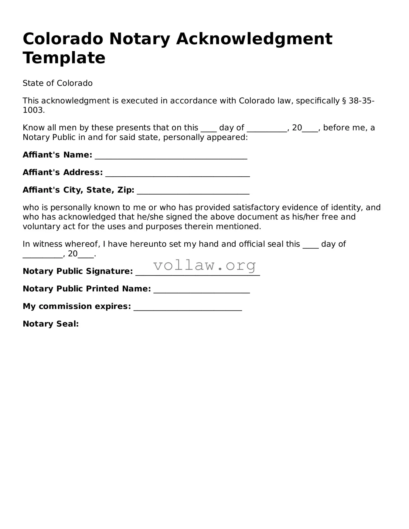Attorney-Verified  Notary Acknowledgement Form for Colorado