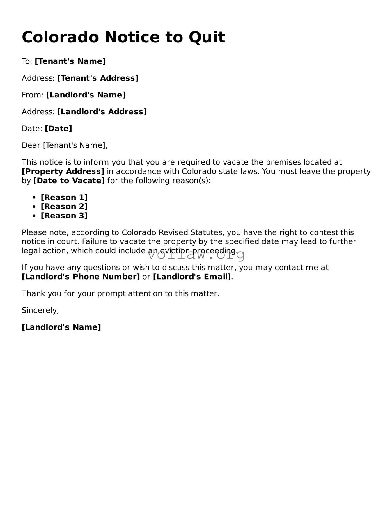 Attorney-Verified  Notice to Quit Form for Colorado