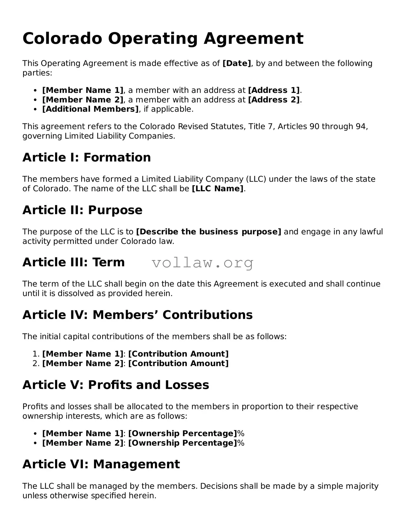 Attorney-Verified  Operating Agreement Form for Colorado