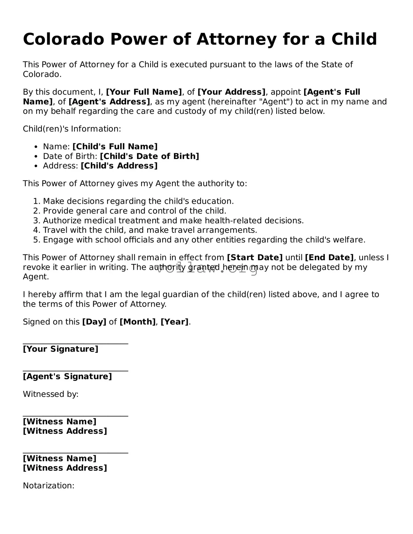 Attorney-Verified  Power of Attorney for a Child Form for Colorado