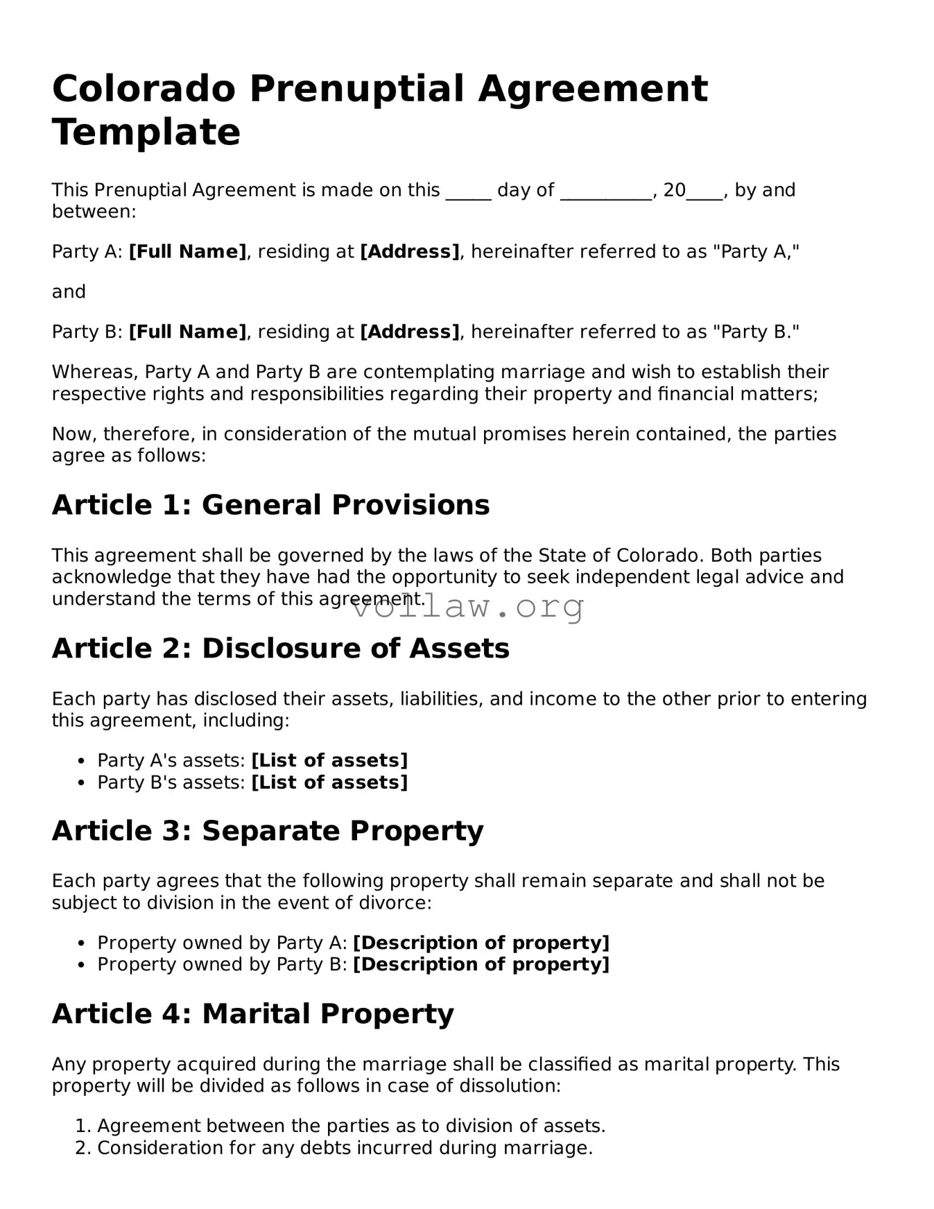 Attorney-Verified  Prenuptial Agreement Form for Colorado