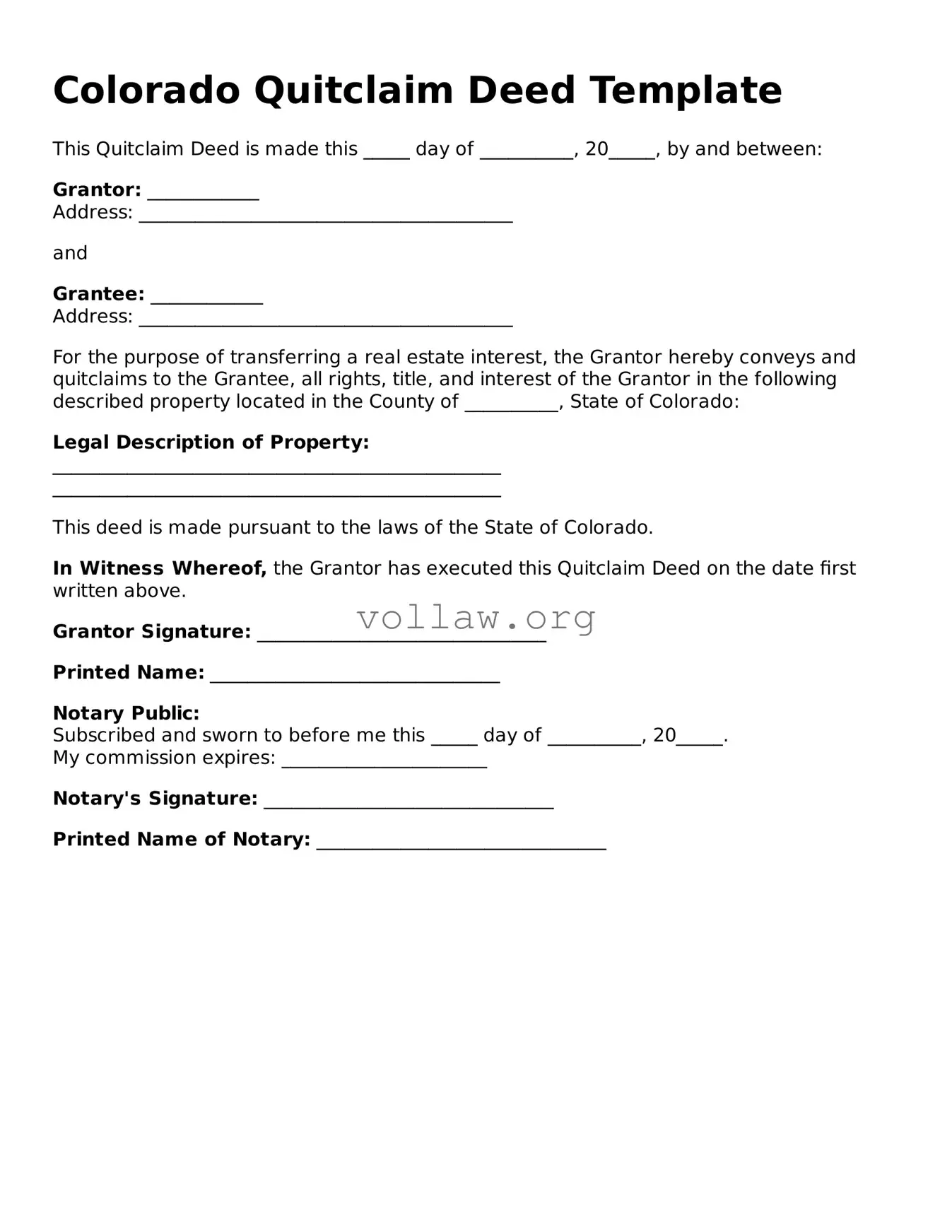 Attorney-Verified  Quitclaim Deed Form for Colorado