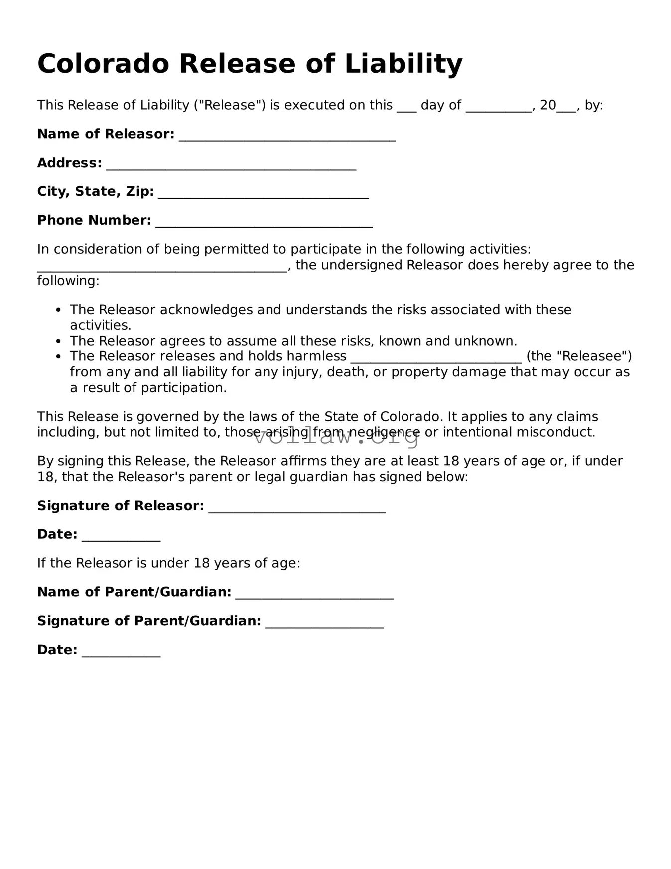 Attorney-Verified  Release of Liability Form for Colorado