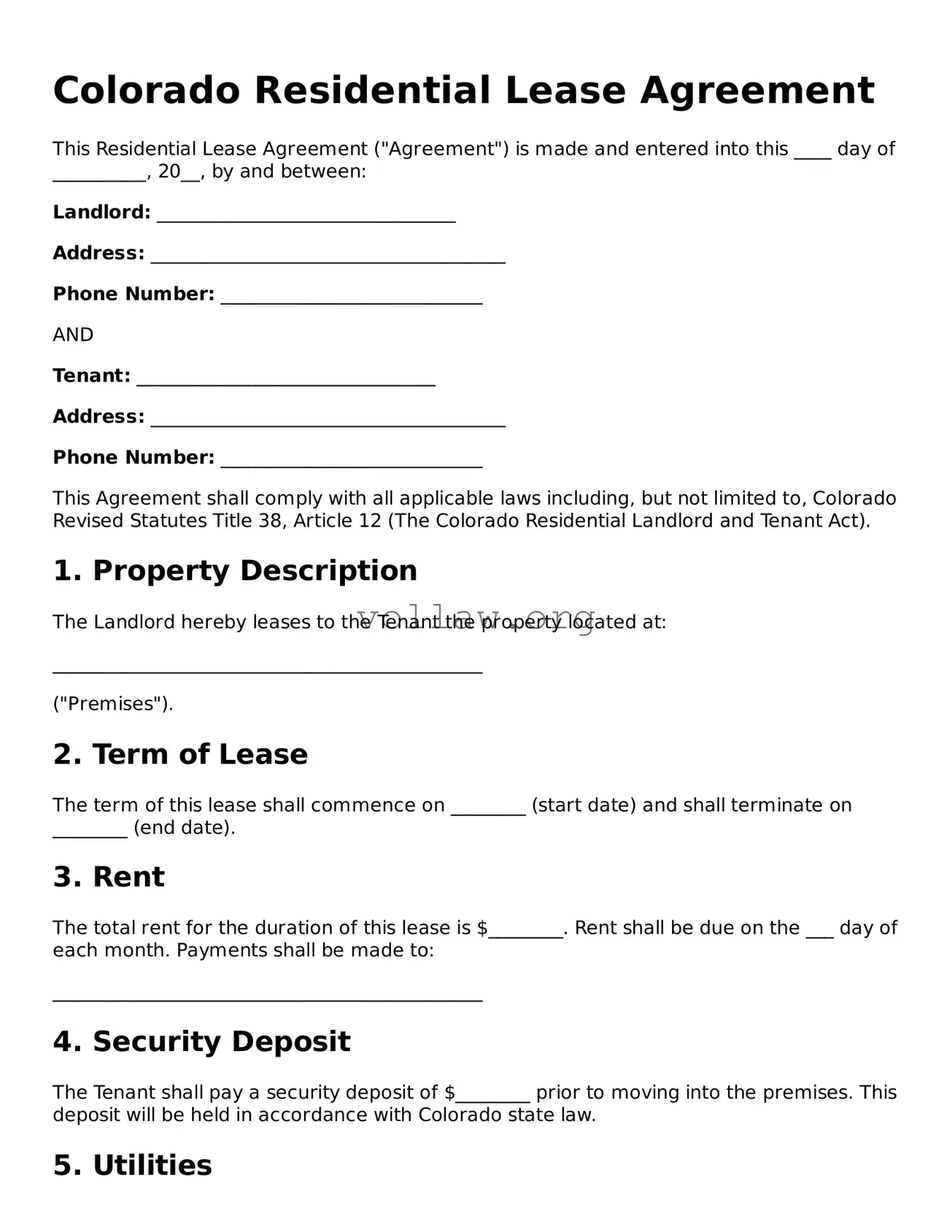 Attorney-Verified  Residential Lease Agreement Form for Colorado