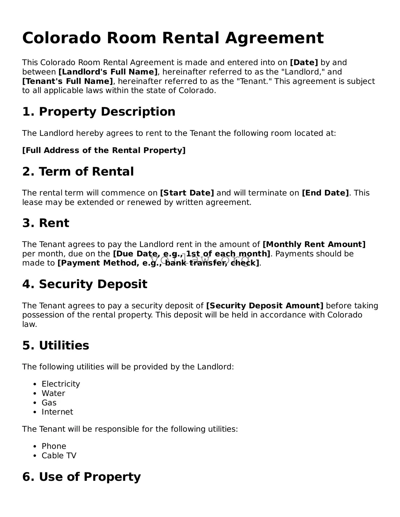 Attorney-Verified  Room Rental Agreement Form for Colorado