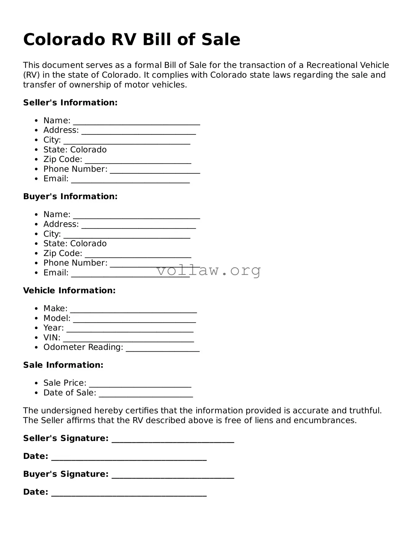 Attorney-Verified  RV Bill of Sale Form for Colorado