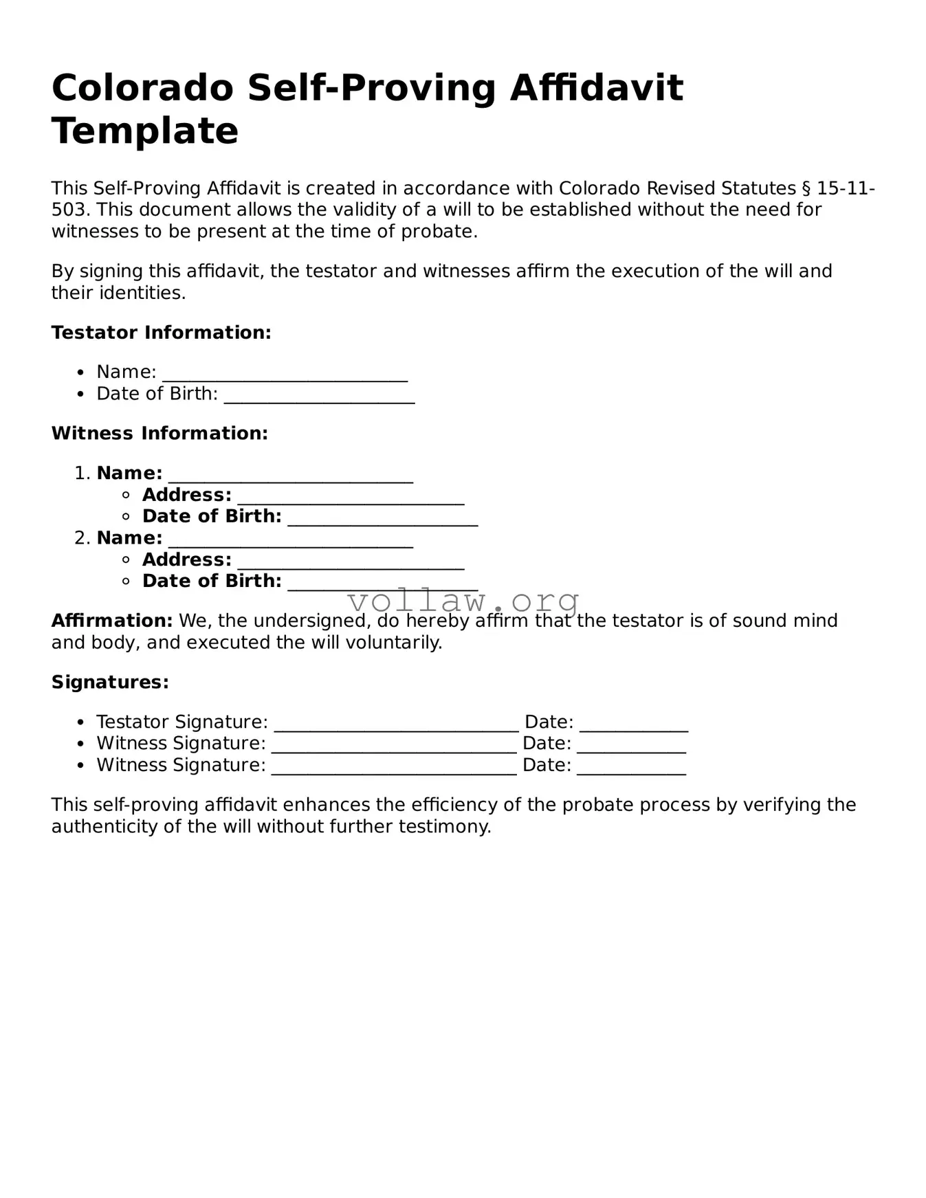 Attorney-Verified  Self-Proving Affidavit Form for Colorado