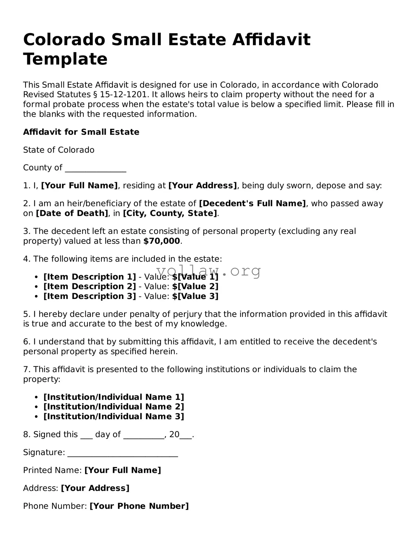 Attorney-Verified  Small Estate Affidavit Form for Colorado