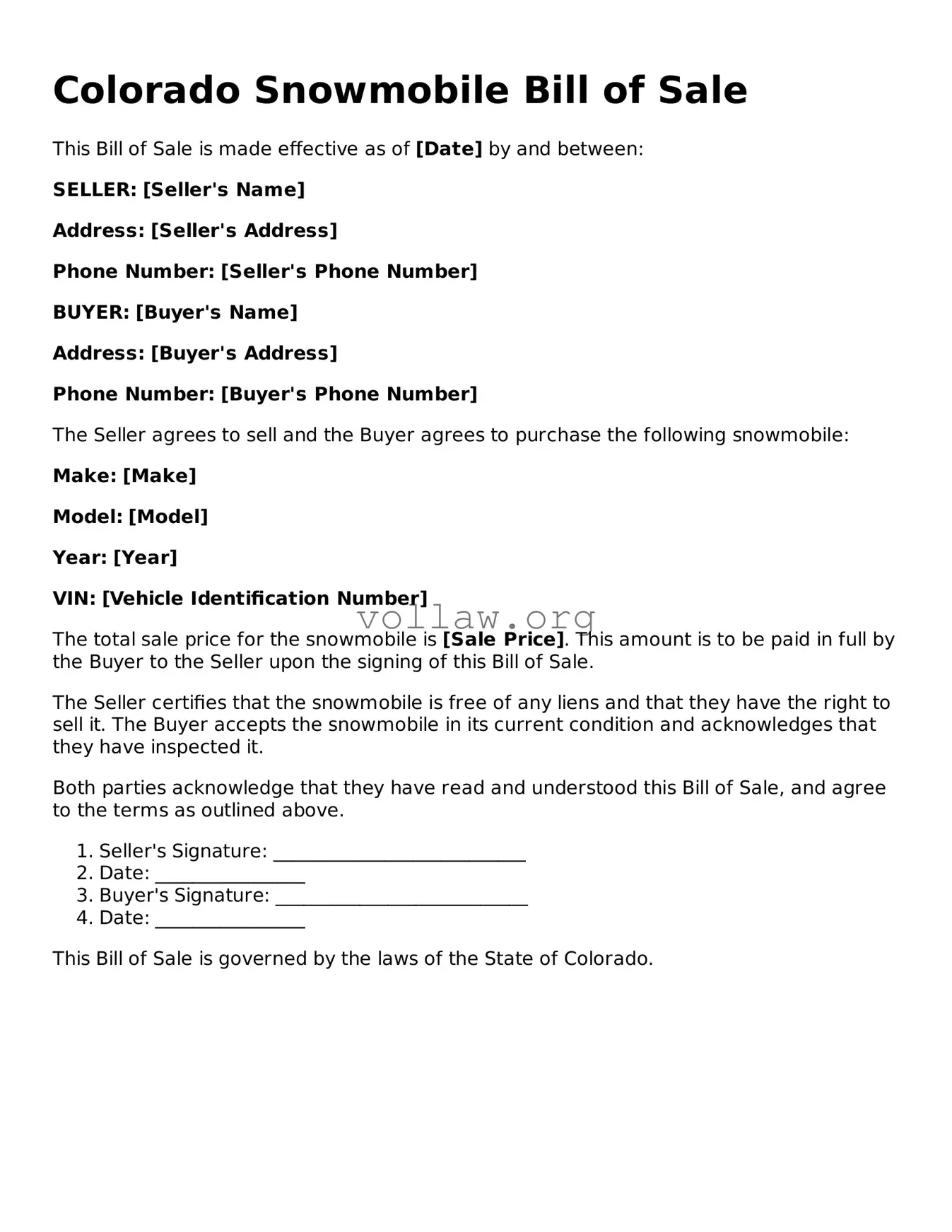 Attorney-Verified  Snowmobile Bill of Sale Form for Colorado