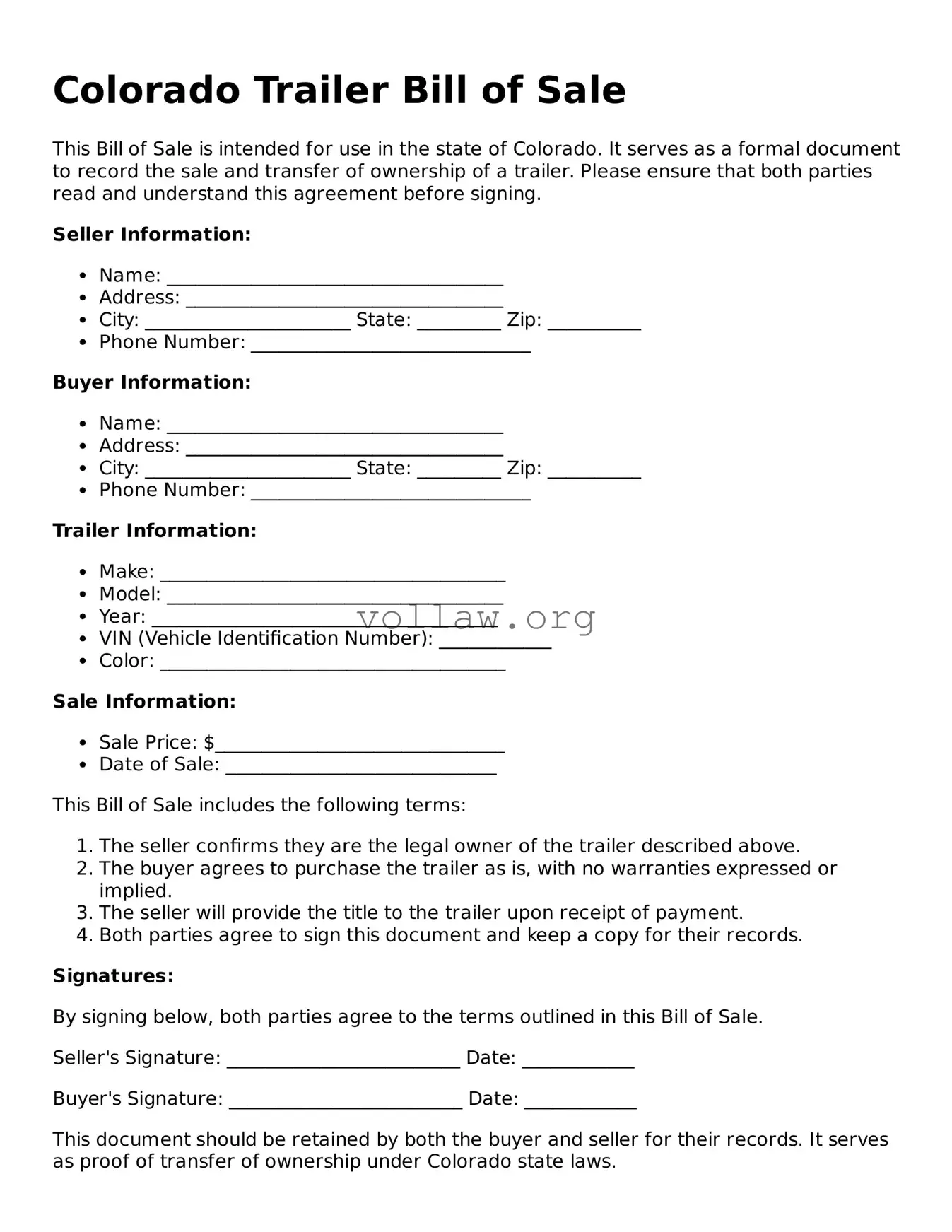 Attorney-Verified  Trailer Bill of Sale Form for Colorado
