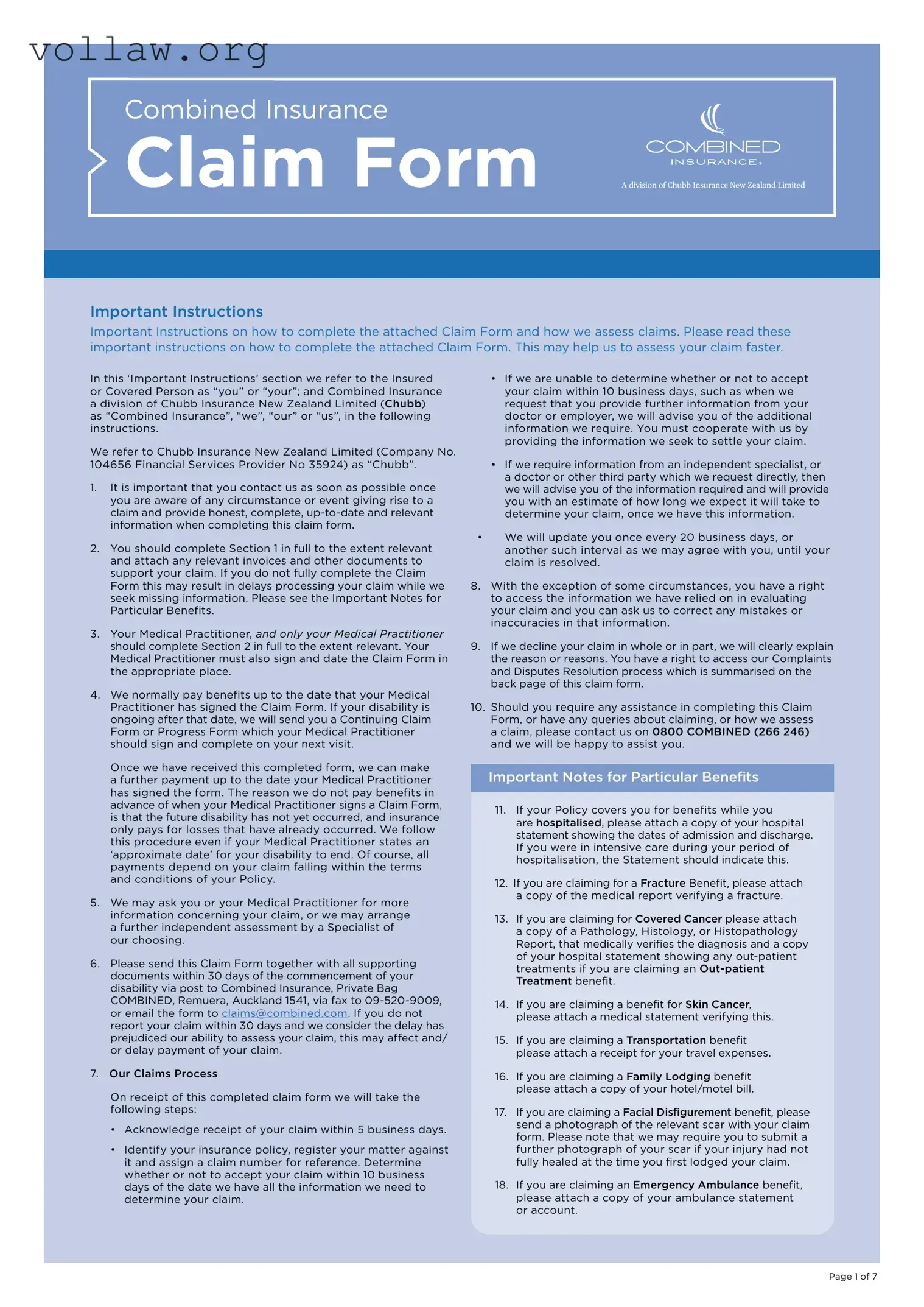 Combined Insurance Claim Template