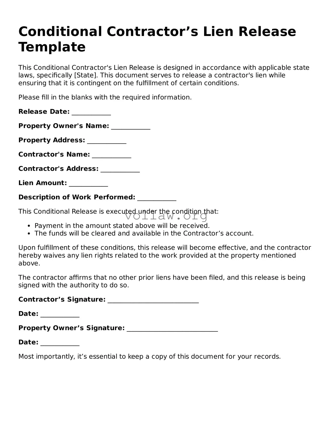 Free Conditional Contractor’s Lien Release Form