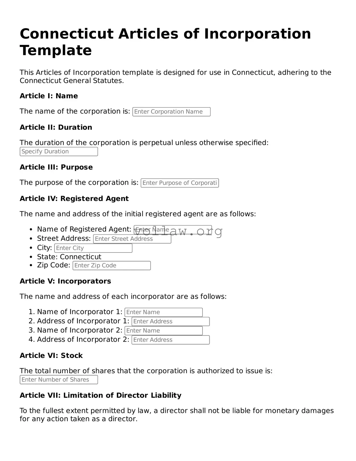 Attorney-Verified  Articles of Incorporation Form for Connecticut