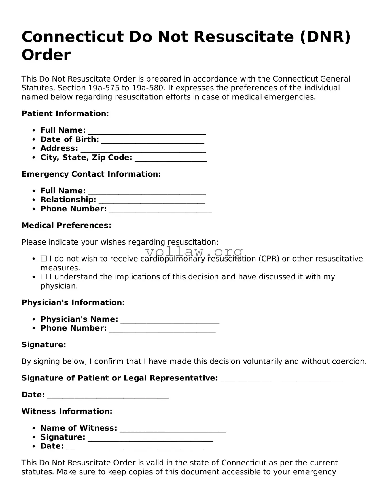 Attorney-Verified  Do Not Resuscitate Order Form for Connecticut