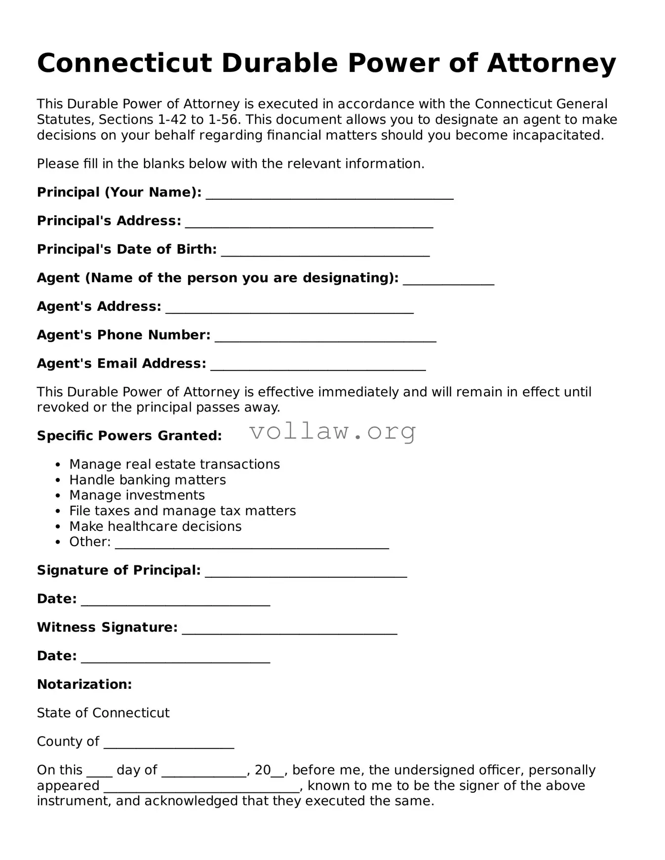 Attorney-Verified  Durable Power of Attorney Form for Connecticut