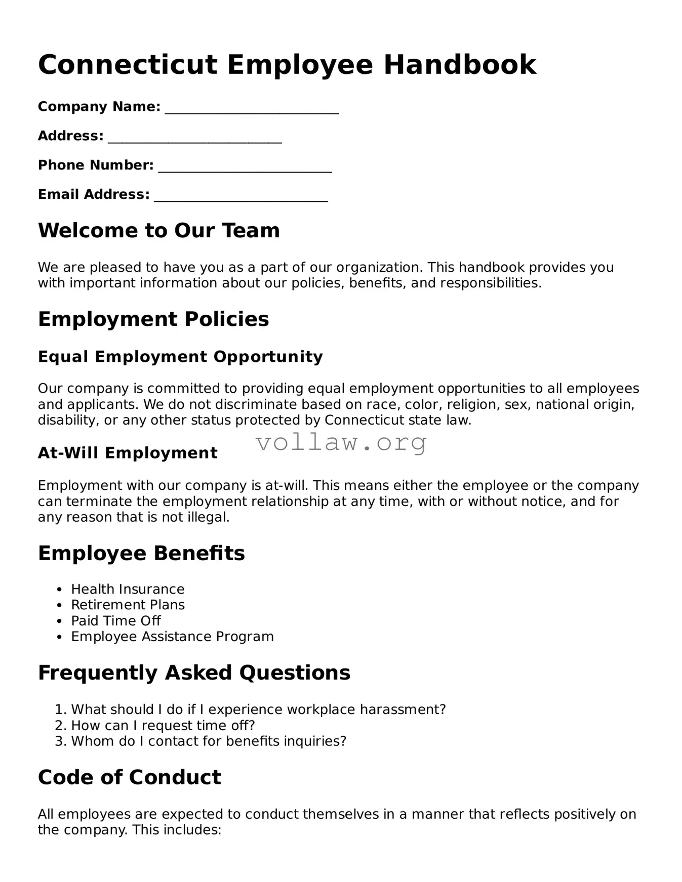 Attorney-Verified  Employee Handbook Form for Connecticut
