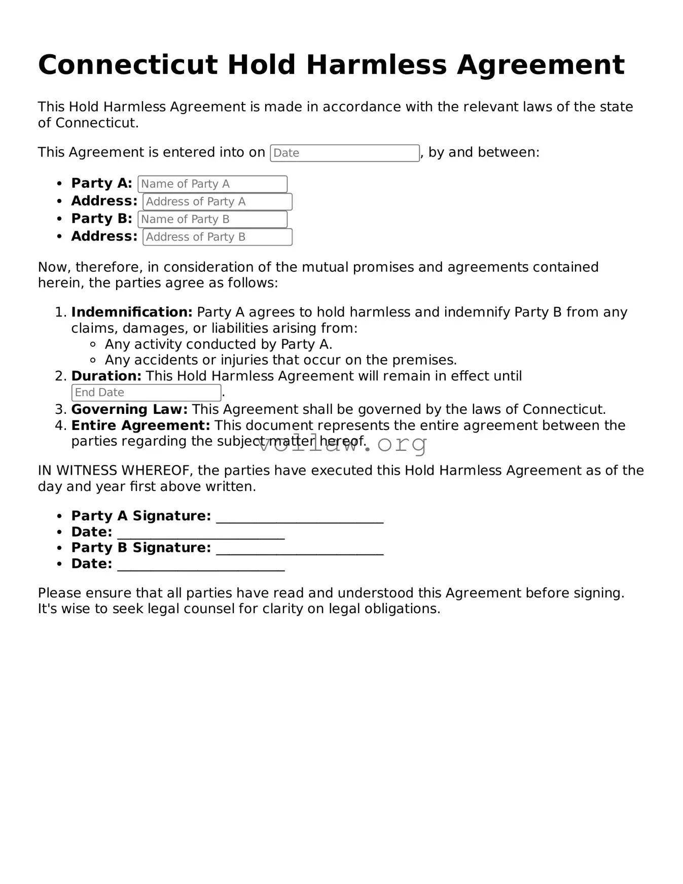 Attorney-Verified  Hold Harmless Agreement Form for Connecticut
