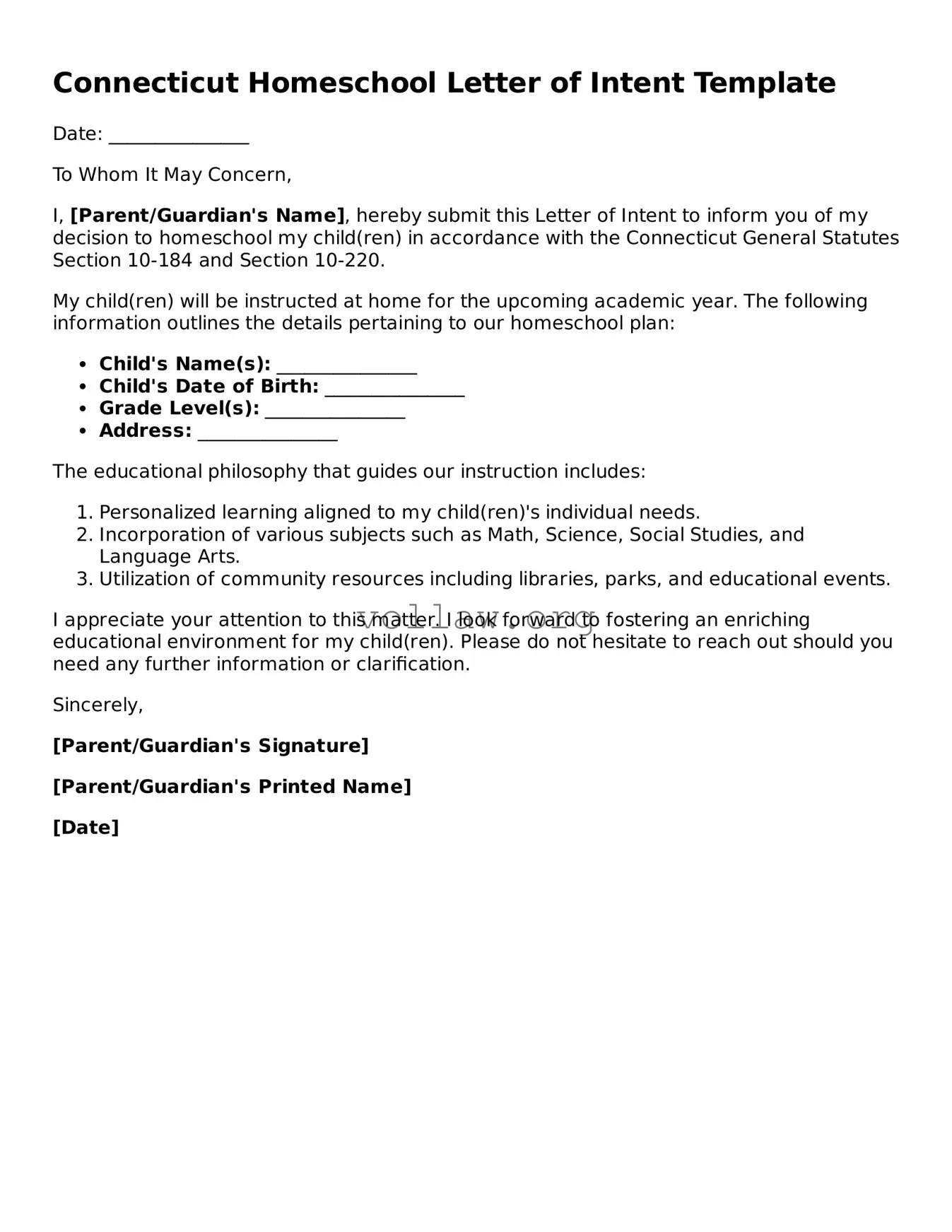 Attorney-Verified  Homeschool Letter of Intent Form for Connecticut