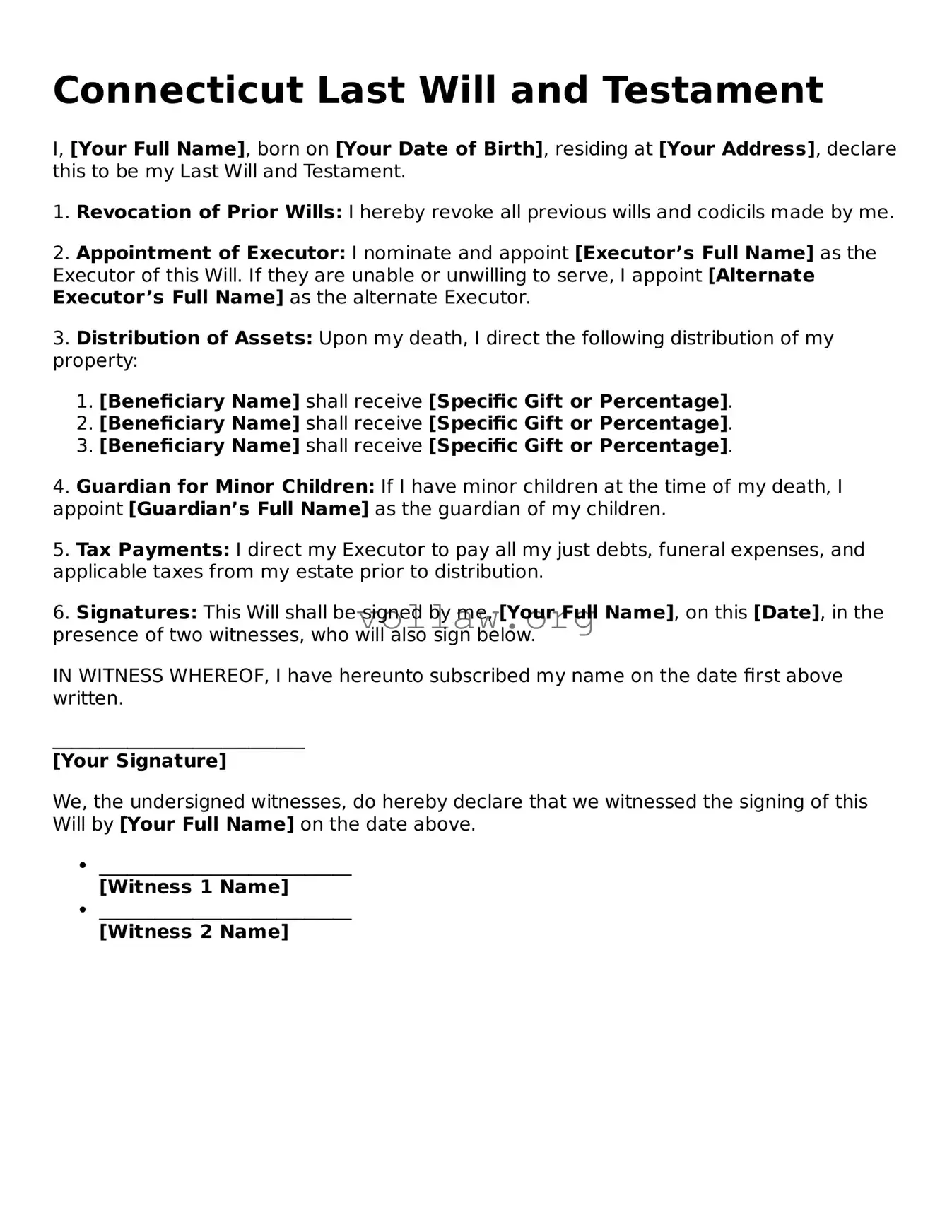 Attorney-Verified  Last Will and Testament Form for Connecticut