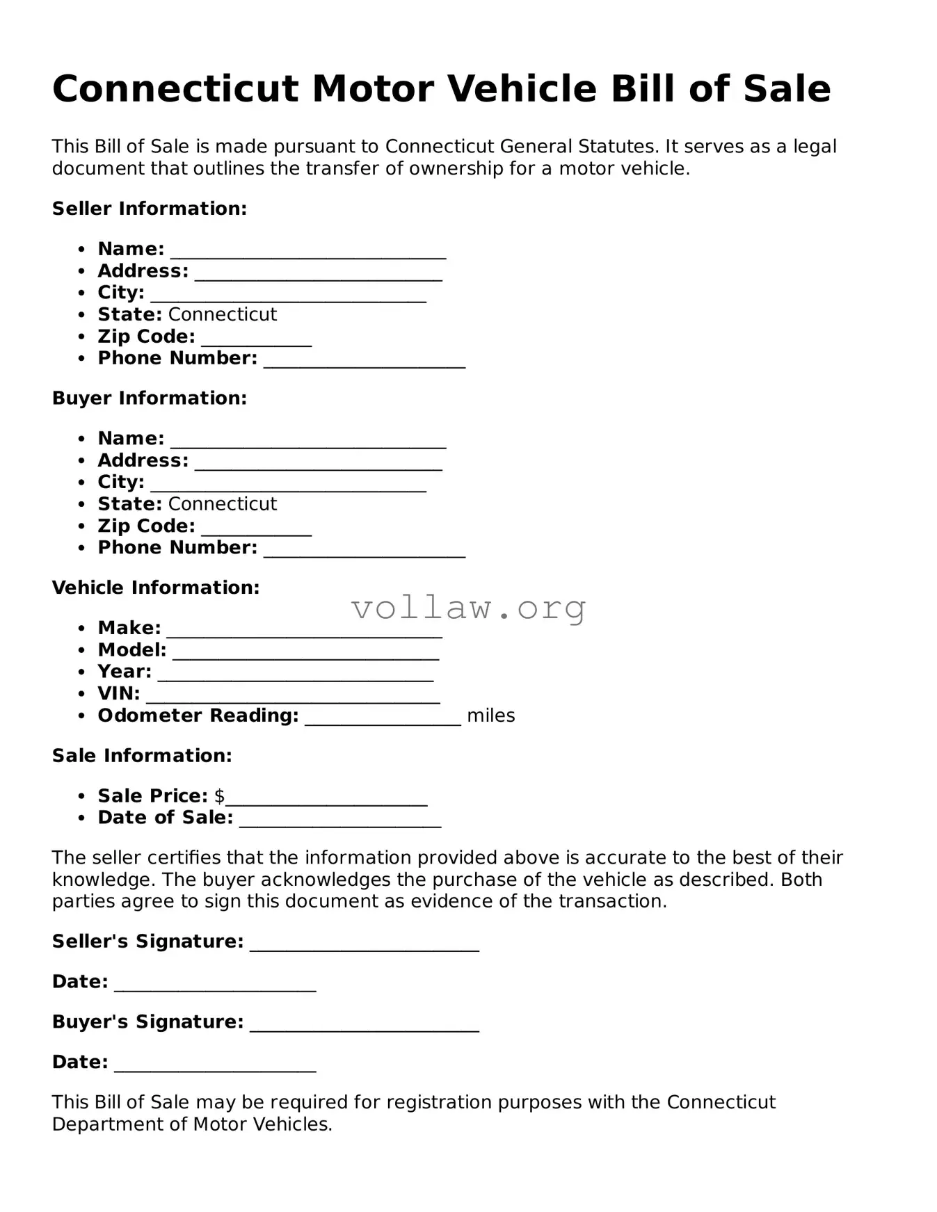 Attorney-Verified  Motor Vehicle Bill of Sale Form for Connecticut