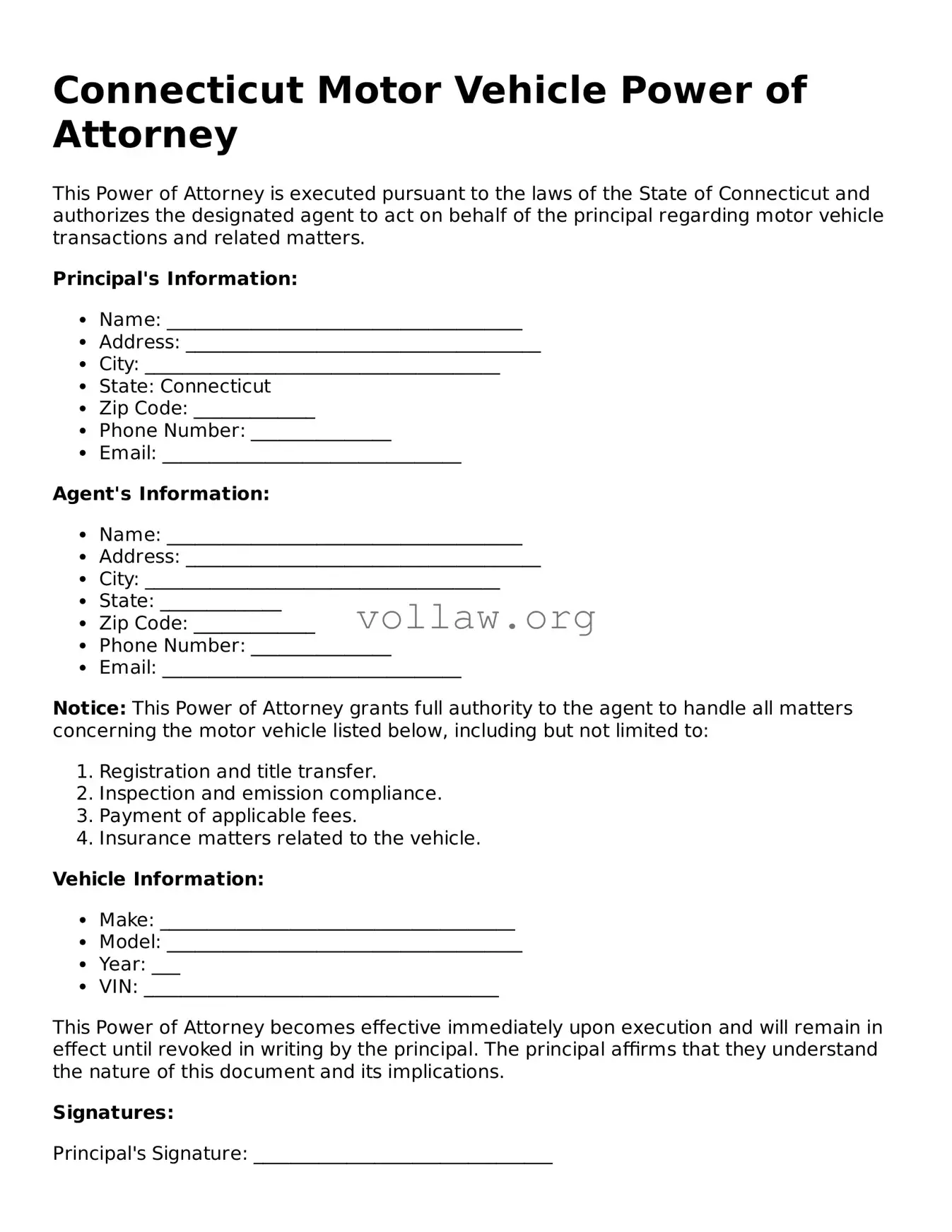 Attorney-Verified  Motor Vehicle Power of Attorney Form for Connecticut