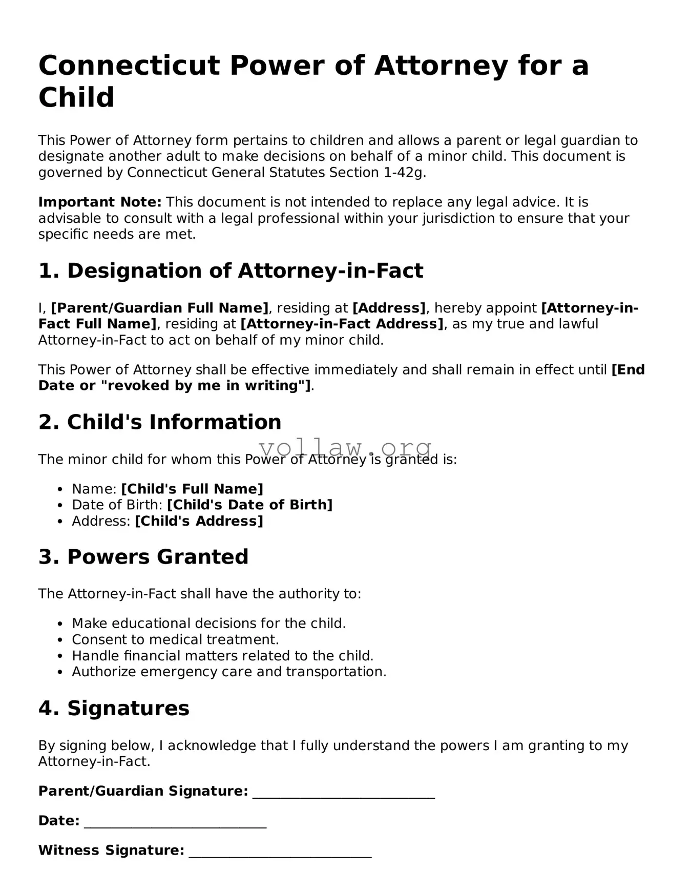 Attorney-Verified  Power of Attorney for a Child Form for Connecticut