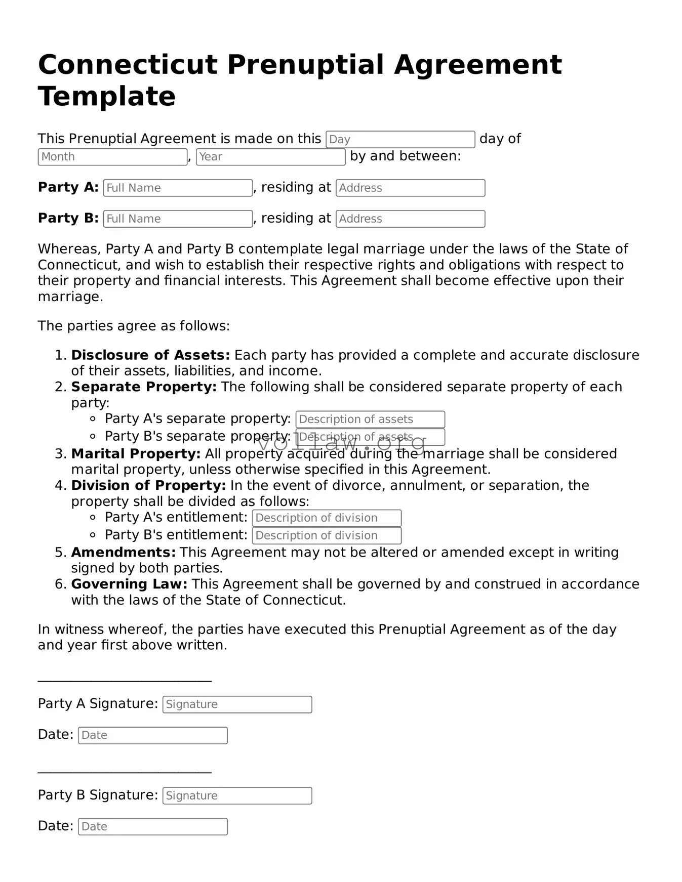 Attorney-Verified  Prenuptial Agreement Form for Connecticut