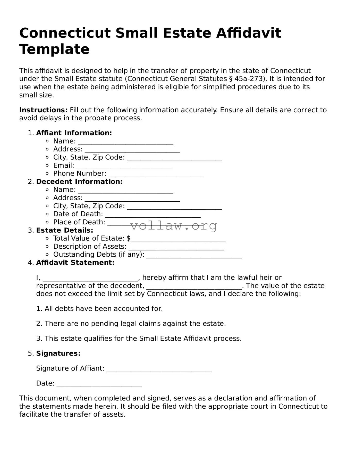 Attorney-Verified  Small Estate Affidavit Form for Connecticut