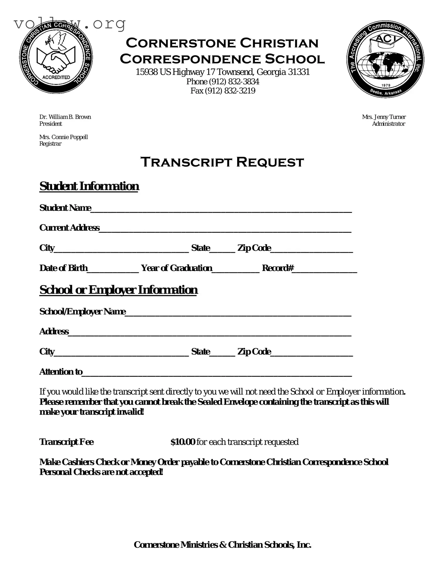Cornerstone Christian Correspondence School Transcript Template