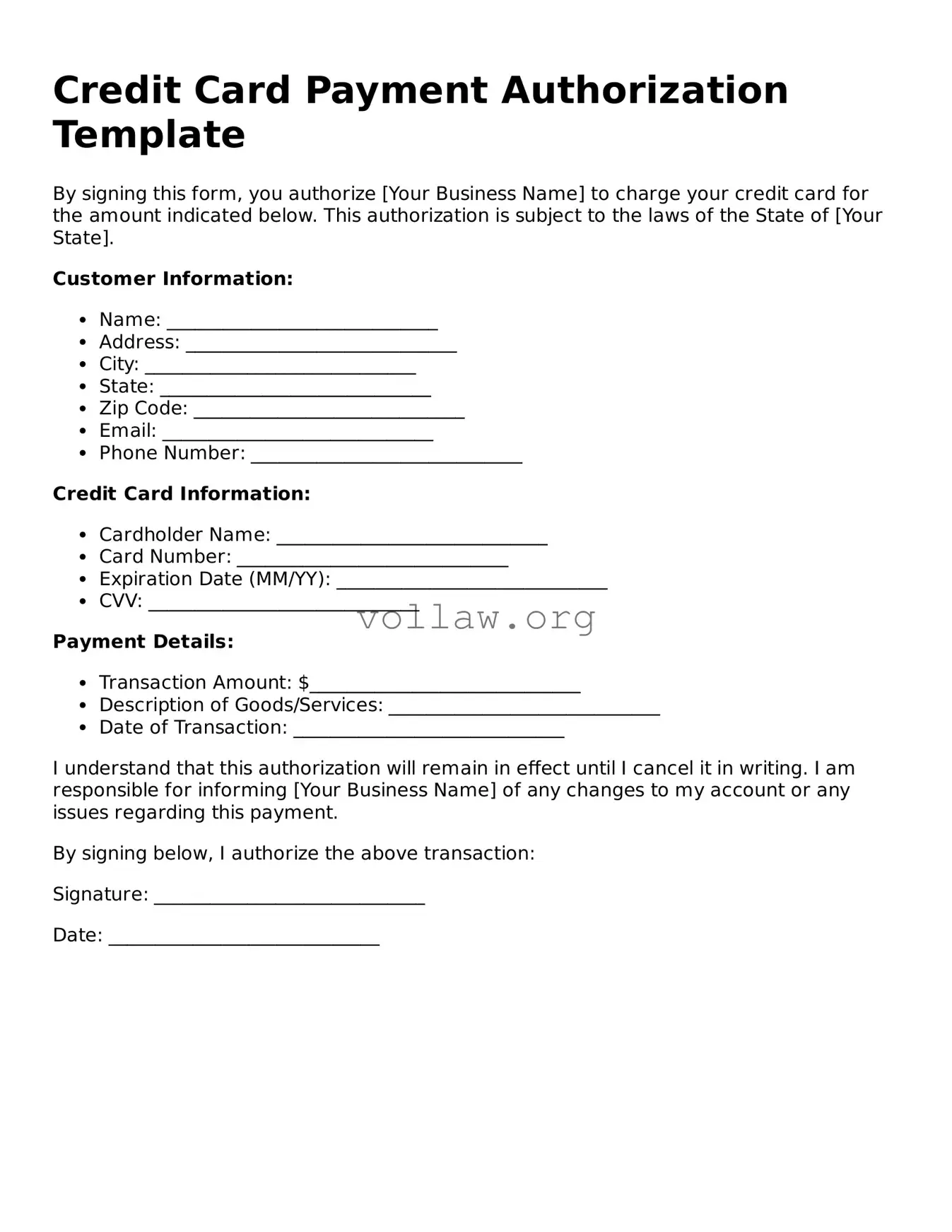 Free Credit Card Payment Authorization Form