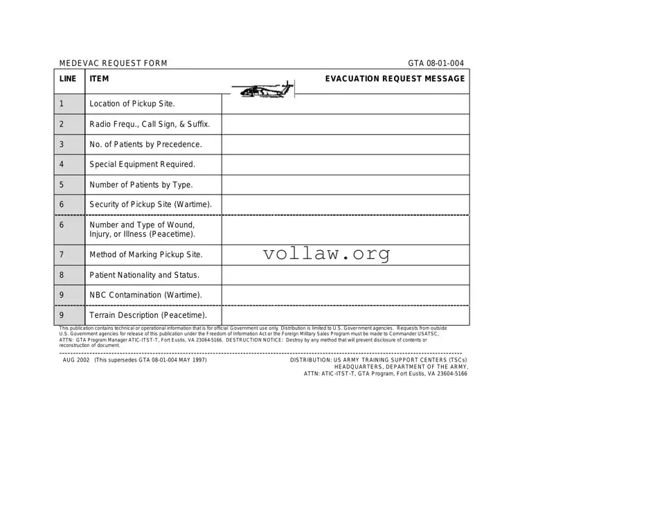 Medevac request form GTA 08-01-004 Template