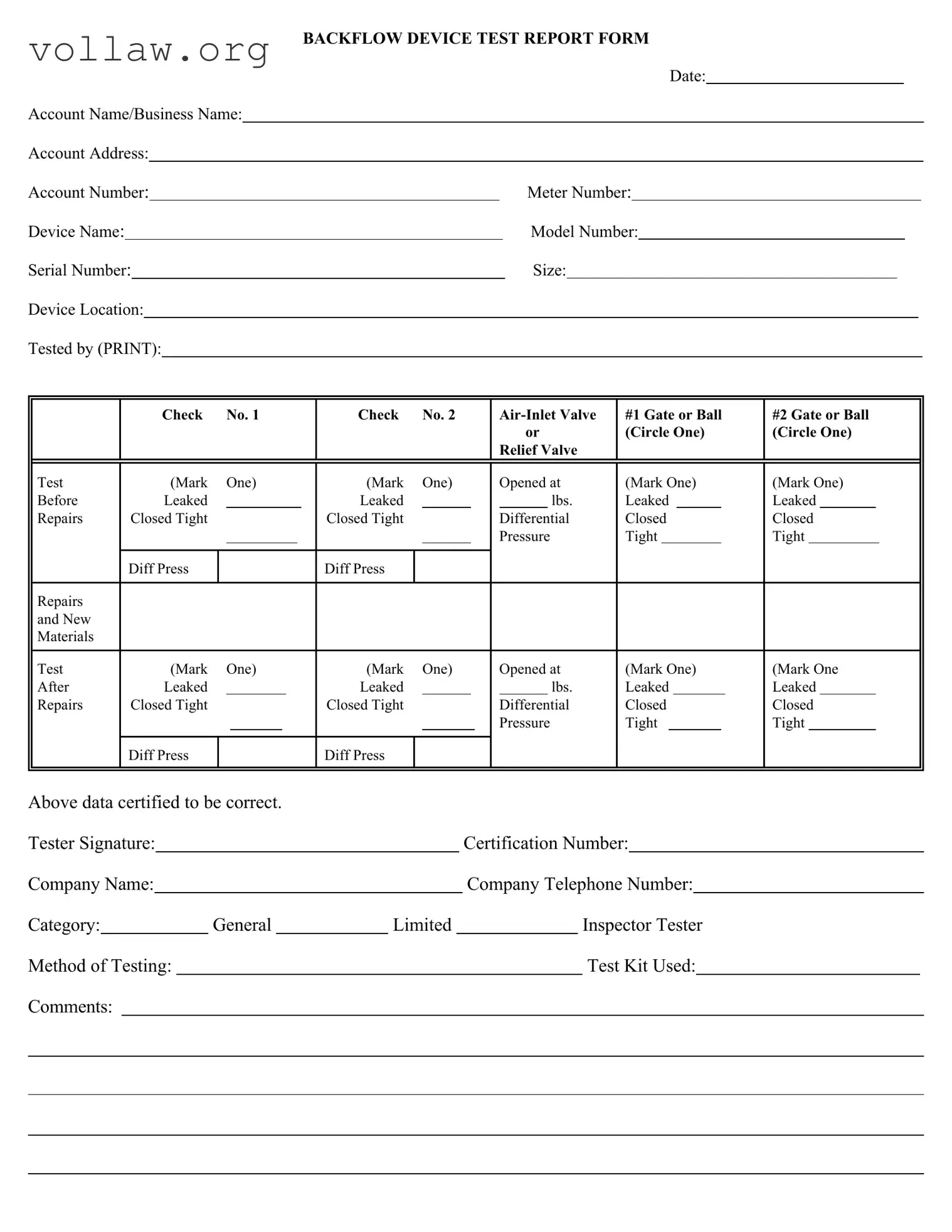 Backflow Test Report Template