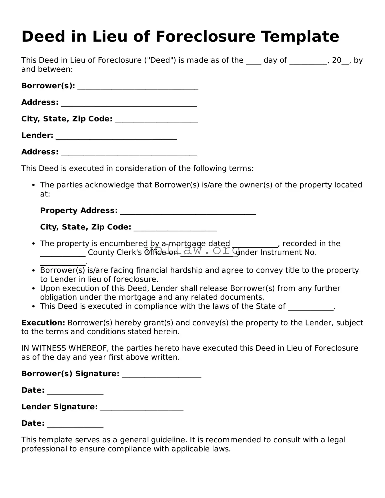 Free Deed in Lieu of Foreclosure Form