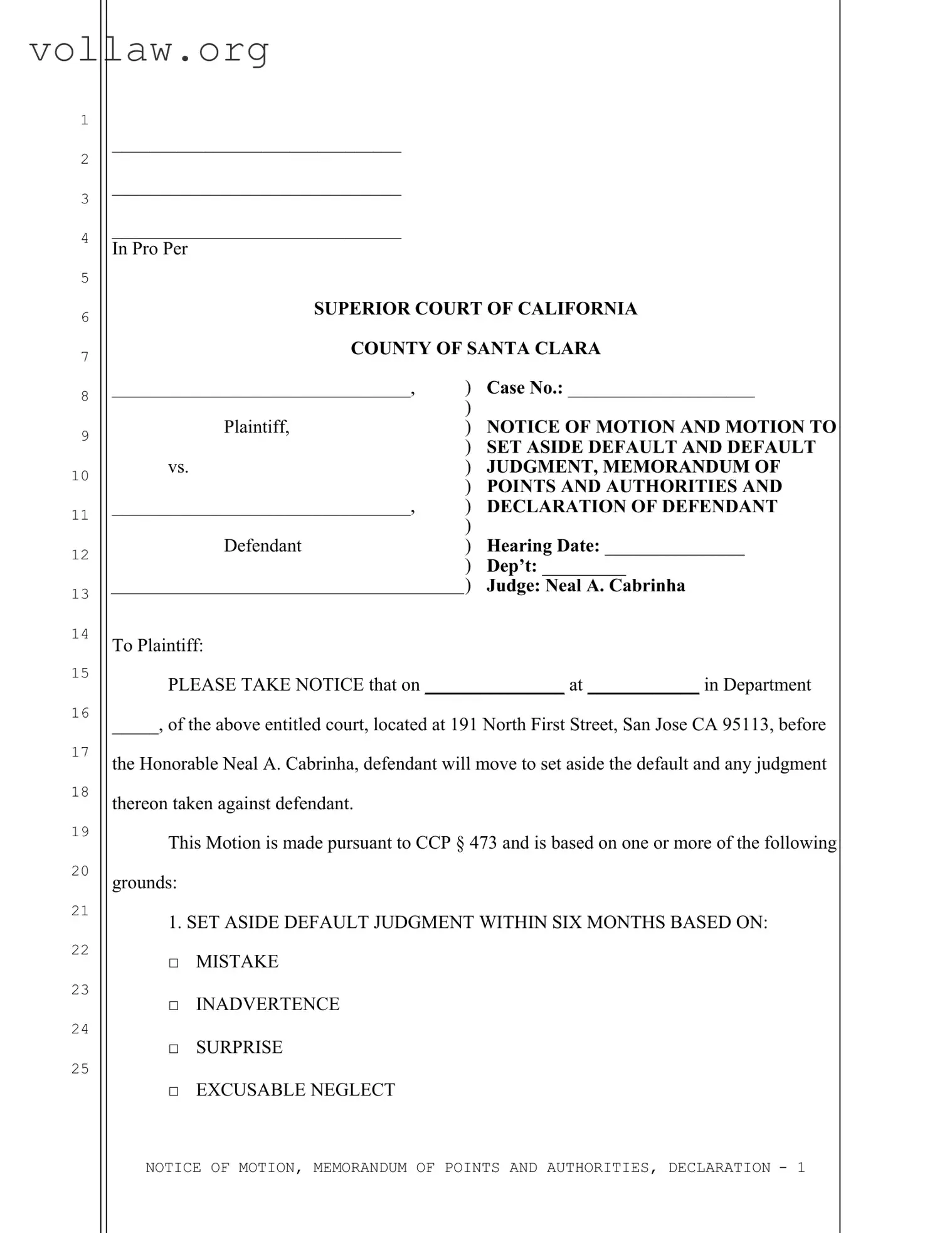 California Motion Set Aside Template