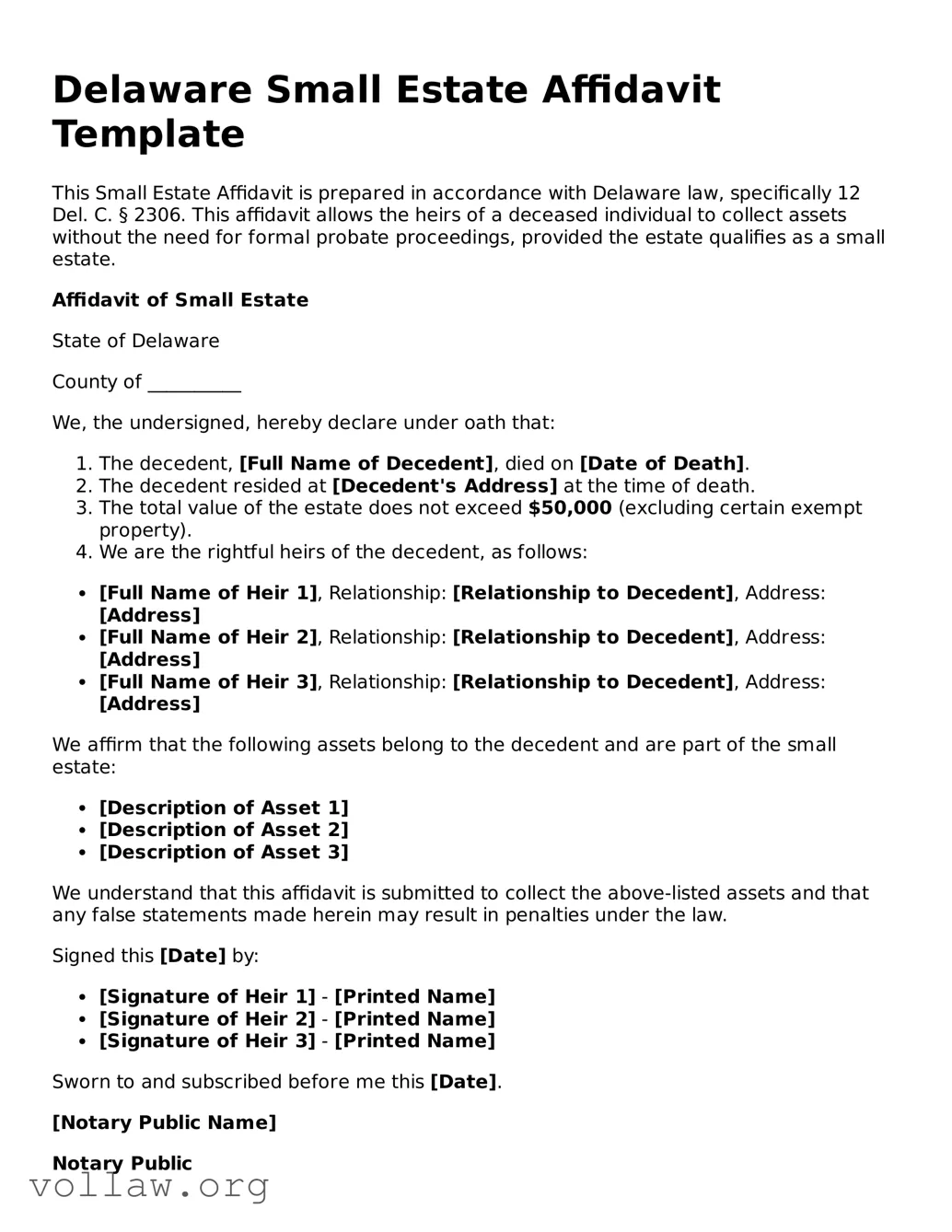 Attorney-Verified  Small Estate Affidavit Form for Delaware