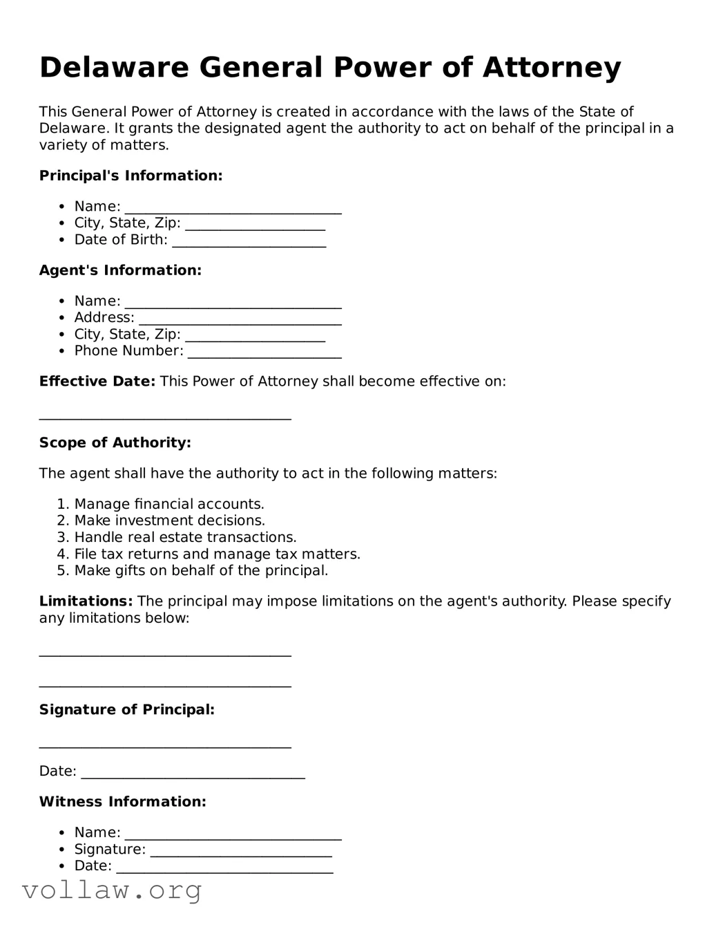 Attorney-Verified  General Power of Attorney Form for Delaware