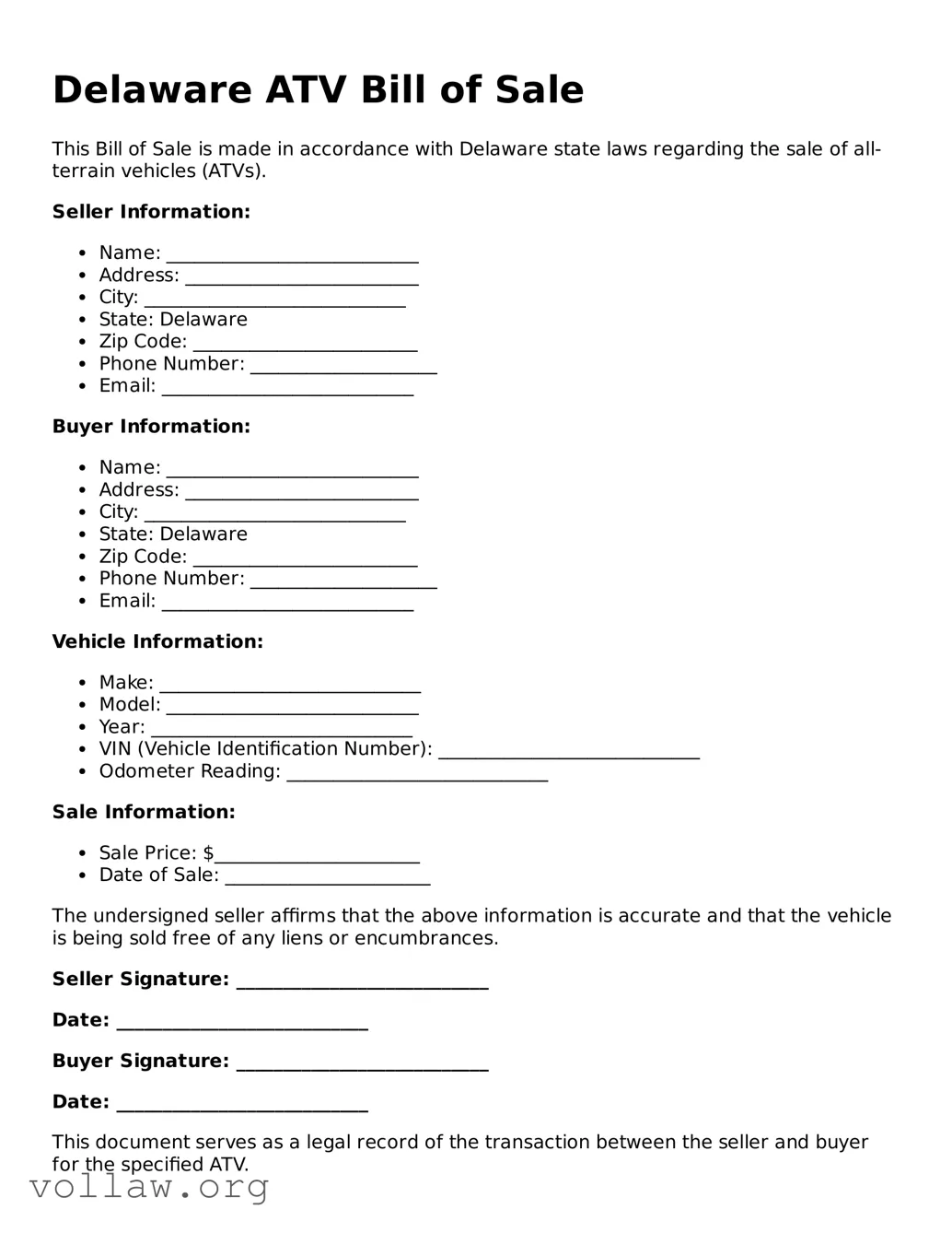 Attorney-Verified  ATV Bill of Sale Form for Delaware