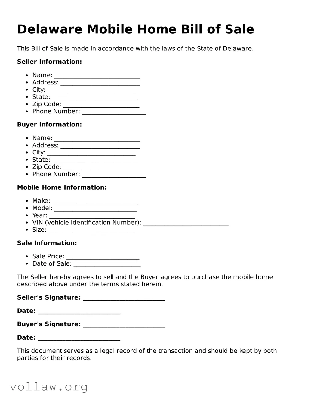 Attorney-Verified  Mobile Home Bill of Sale Form for Delaware