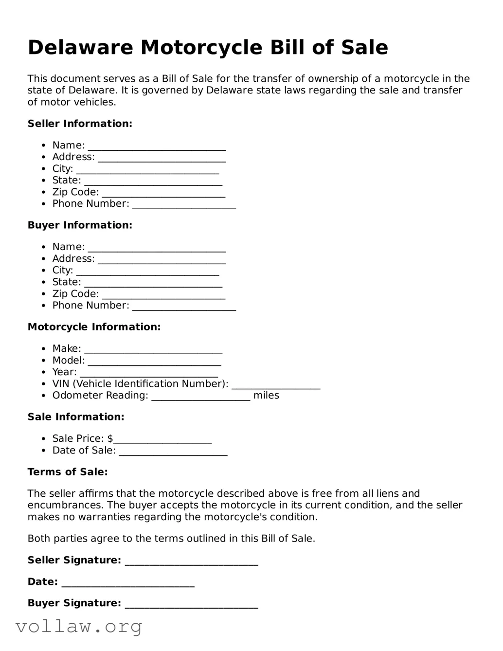 Attorney-Verified  Motorcycle Bill of Sale Form for Delaware