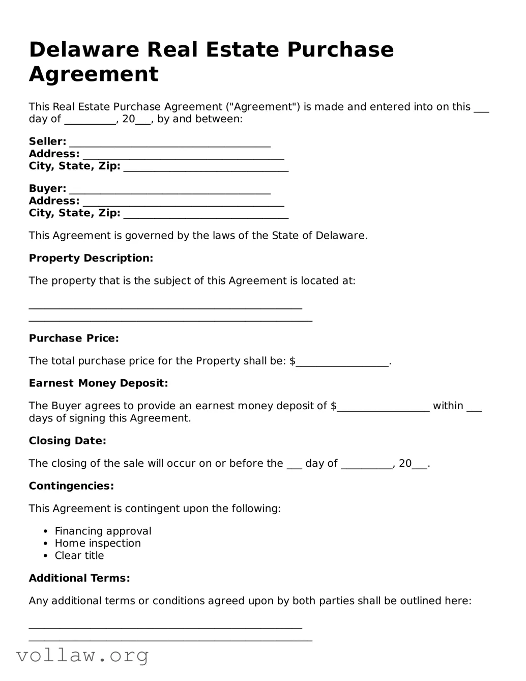 Attorney-Verified  Real Estate Purchase Agreement Form for Delaware