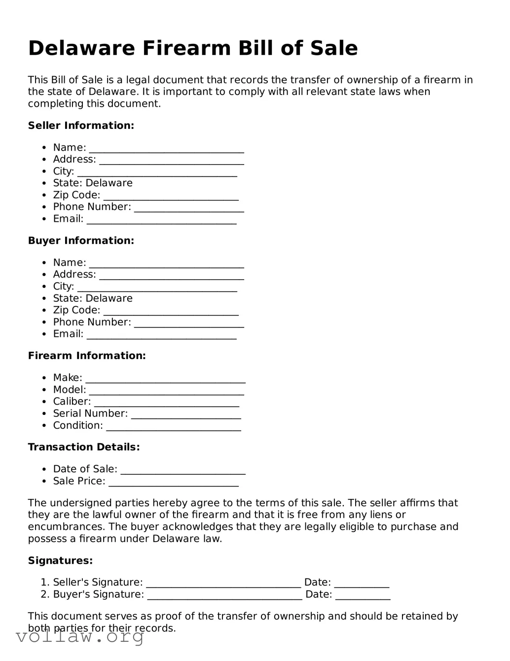 Attorney-Verified  Firearm Bill of Sale Form for Delaware