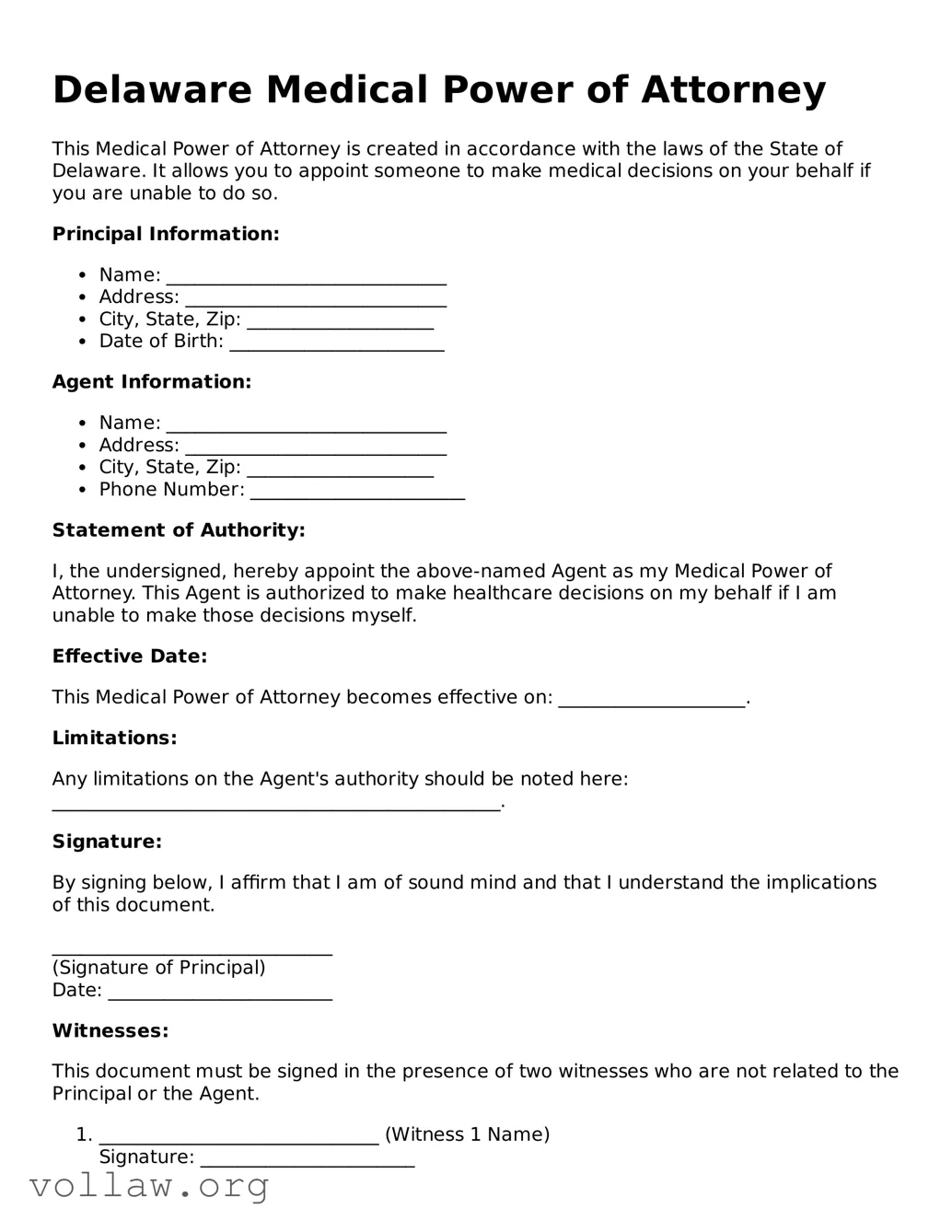Attorney-Verified  Medical Power of Attorney Form for Delaware