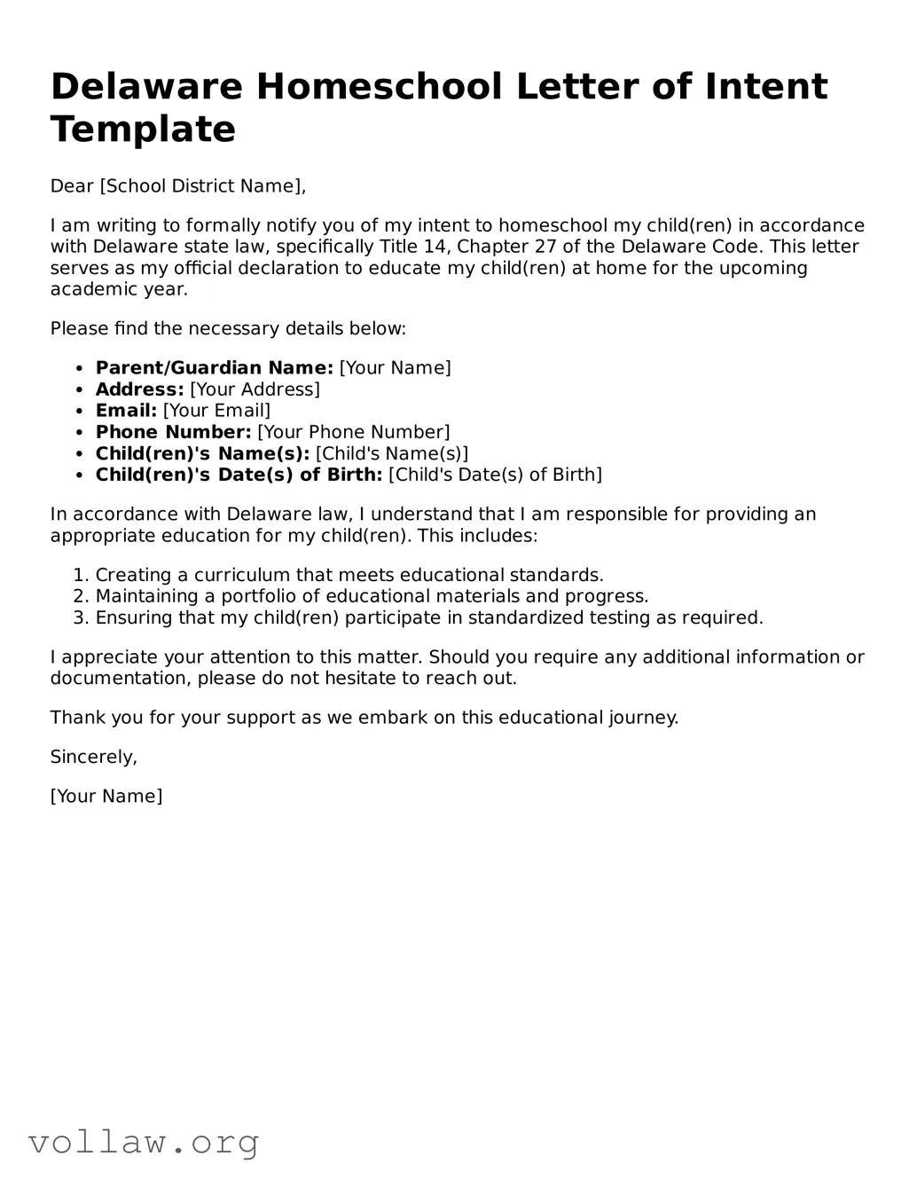 Attorney-Verified  Homeschool Letter of Intent Form for Delaware
