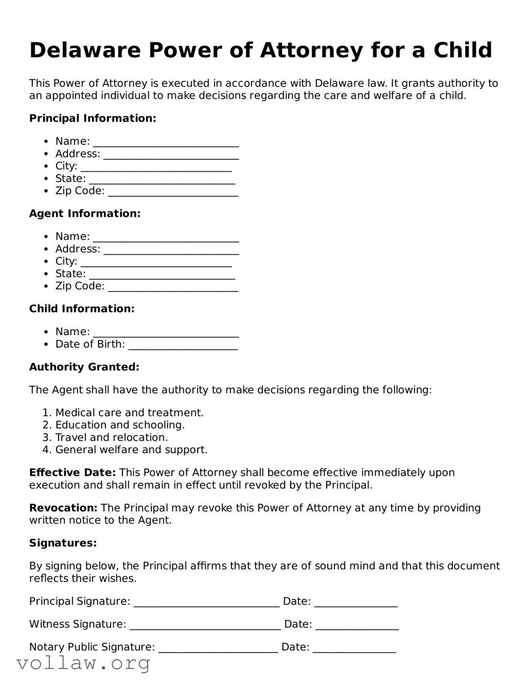 Attorney-Verified  Power of Attorney for a Child Form for Delaware
